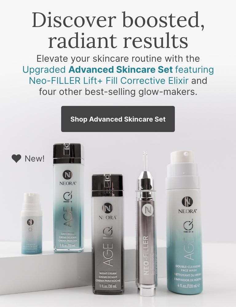 Elevate your skincare routine with the Upgraded Advanced Skincare Set featuring Neo-Filler. Featured are products in the set.